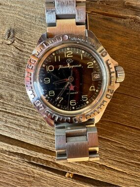 Vostok Komandirskie Men's Silver Stainless Steel Black Dial Watch